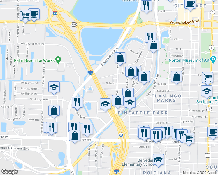 map of restaurants, bars, coffee shops, grocery stores, and more near 1321 Wellington Street in West Palm Beach