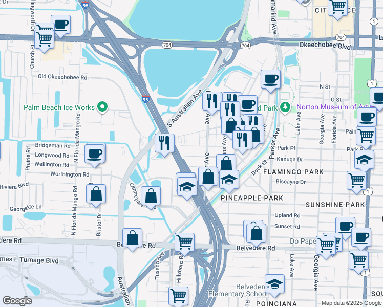 map of restaurants, bars, coffee shops, grocery stores, and more near 1321 Wellington Street in West Palm Beach