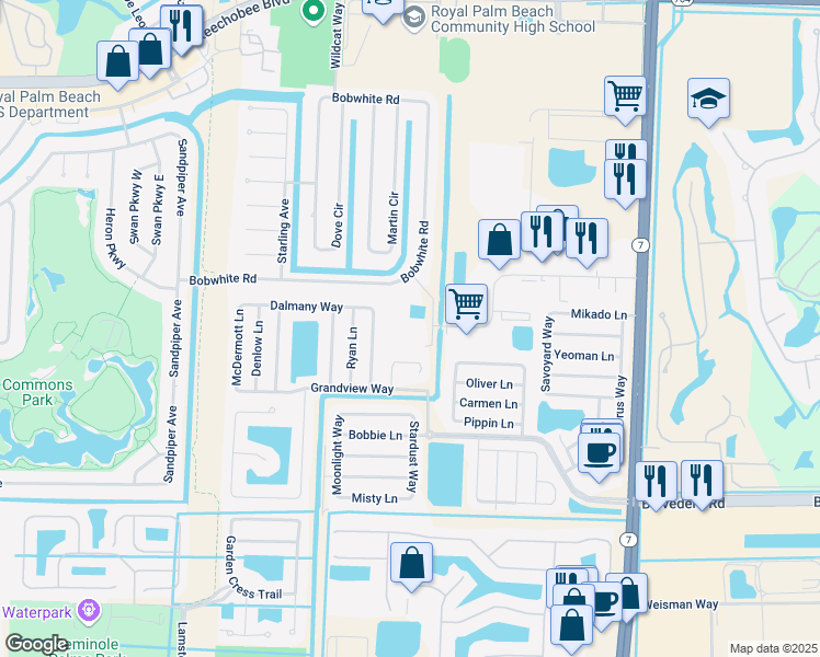 map of restaurants, bars, coffee shops, grocery stores, and more near 1343 Elmbank Way in Royal Palm Beach