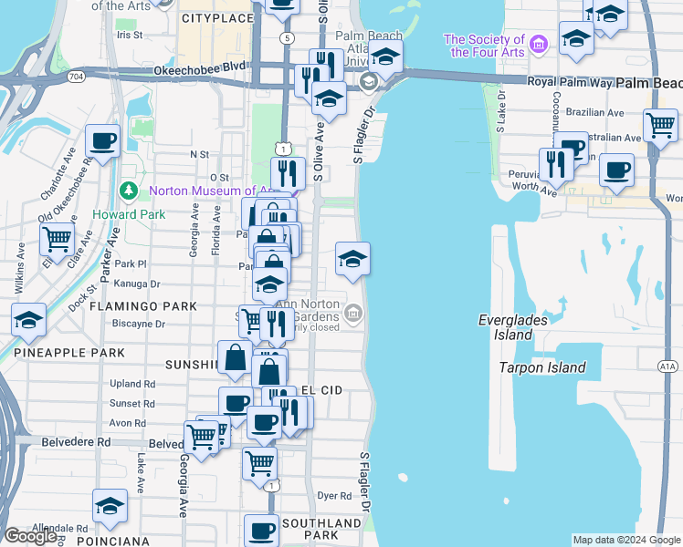 map of restaurants, bars, coffee shops, grocery stores, and more near 1901 South Flagler Drive in West Palm Beach