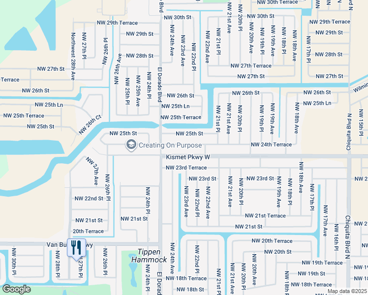 map of restaurants, bars, coffee shops, grocery stores, and more near 2228 Northwest 24th Terrace in Cape Coral