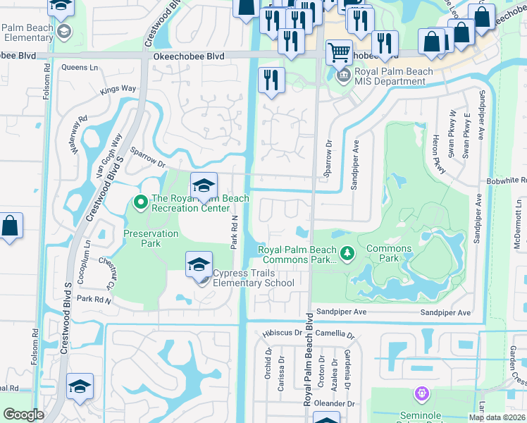 map of restaurants, bars, coffee shops, grocery stores, and more near 115 Ramblewood Circle in Royal Palm Beach