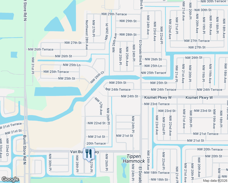 map of restaurants, bars, coffee shops, grocery stores, and more near 2329 Northwest 26th Place in Cape Coral