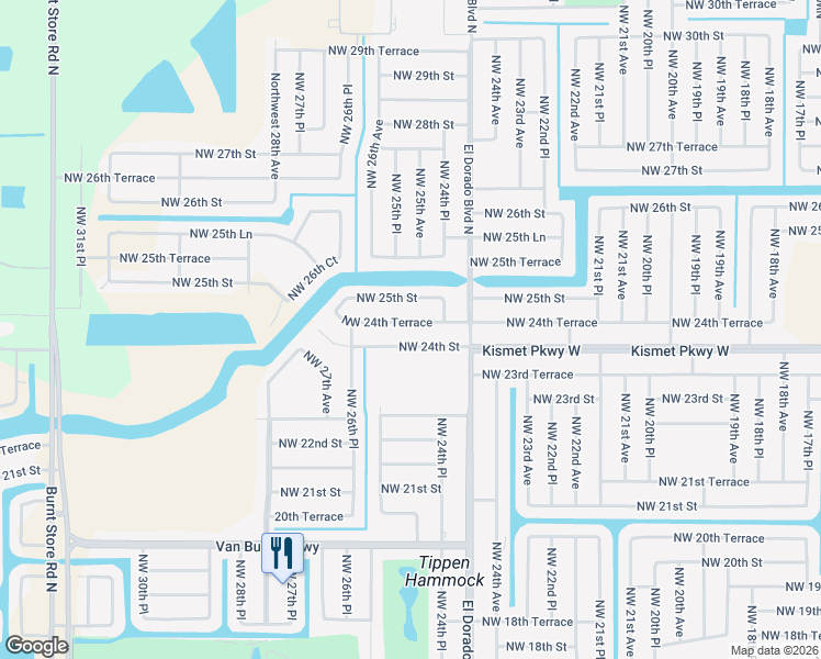 map of restaurants, bars, coffee shops, grocery stores, and more near 2517 Northwest 24th Street in Cape Coral