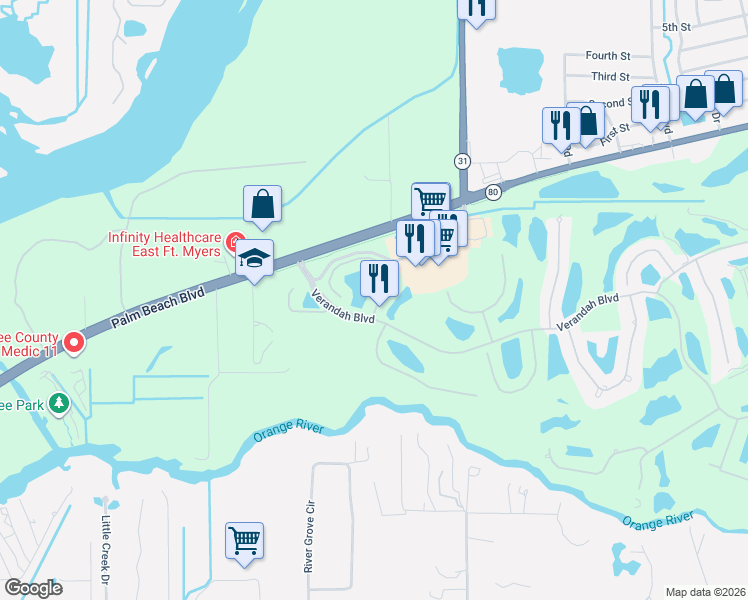 map of restaurants, bars, coffee shops, grocery stores, and more near 5 Verandah Boulevard in Fort Myers