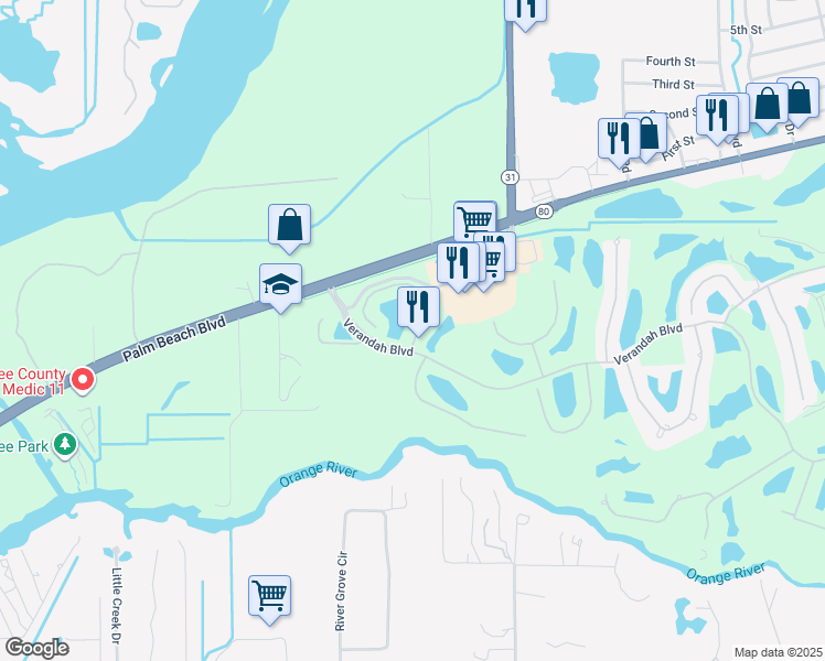 map of restaurants, bars, coffee shops, grocery stores, and more near 3231 Cottonwood Bend in Fort Myers