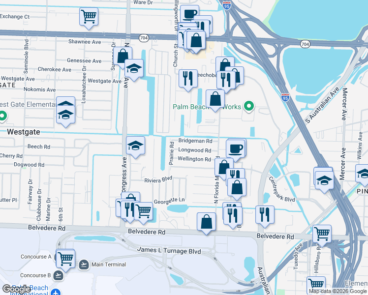 map of restaurants, bars, coffee shops, grocery stores, and more near 2125 Wellington Road in West Palm Beach