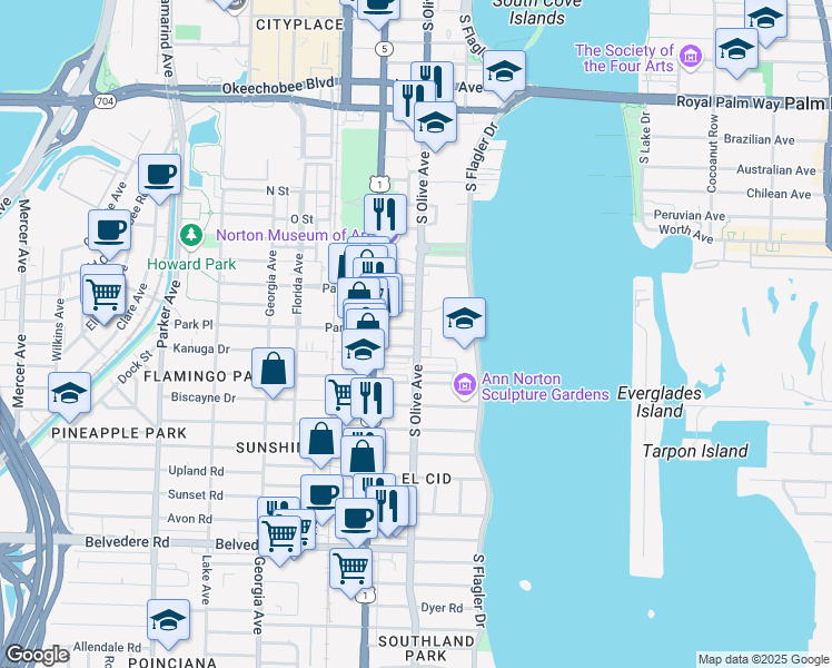 map of restaurants, bars, coffee shops, grocery stores, and more near 220 Wildermere Road in West Palm Beach
