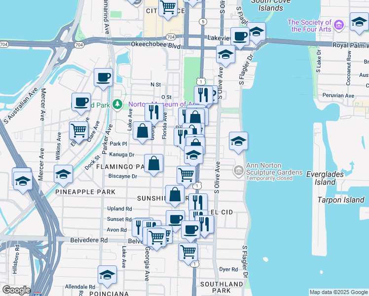 map of restaurants, bars, coffee shops, grocery stores, and more near 424 Kanuga Drive in West Palm Beach