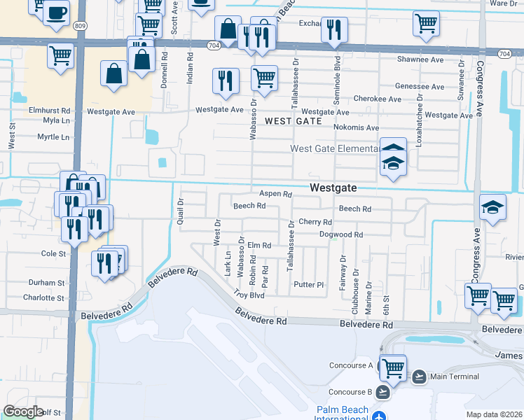 map of restaurants, bars, coffee shops, grocery stores, and more near 740 Cherry Road in West Palm Beach