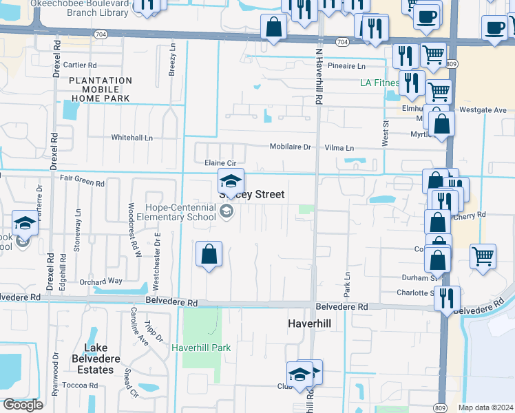 map of restaurants, bars, coffee shops, grocery stores, and more near 5262 Stacy Street in West Palm Beach