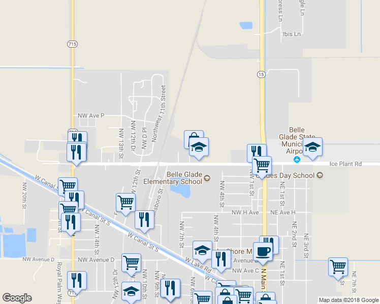 map of restaurants, bars, coffee shops, grocery stores, and more near 1299 4th Street in Belle Glade