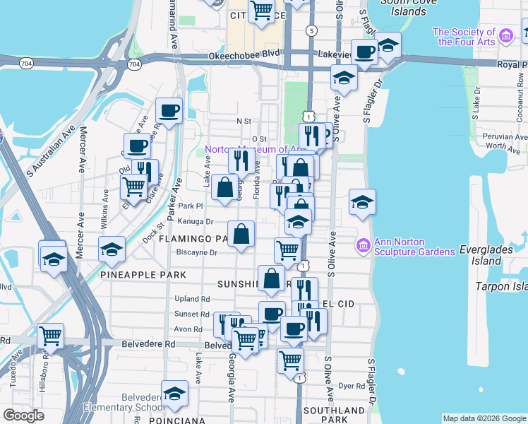 map of restaurants, bars, coffee shops, grocery stores, and more near 516 Park Place in West Palm Beach