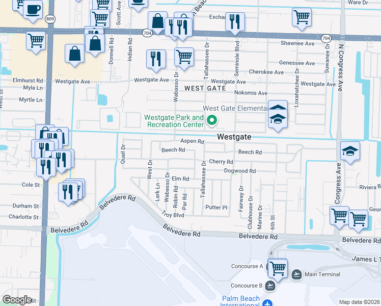 map of restaurants, bars, coffee shops, grocery stores, and more near 740 Cherry Road in West Palm Beach