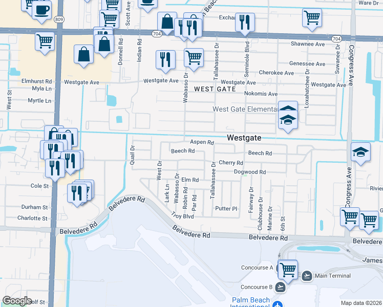 map of restaurants, bars, coffee shops, grocery stores, and more near 740 Cherry Road in West Palm Beach