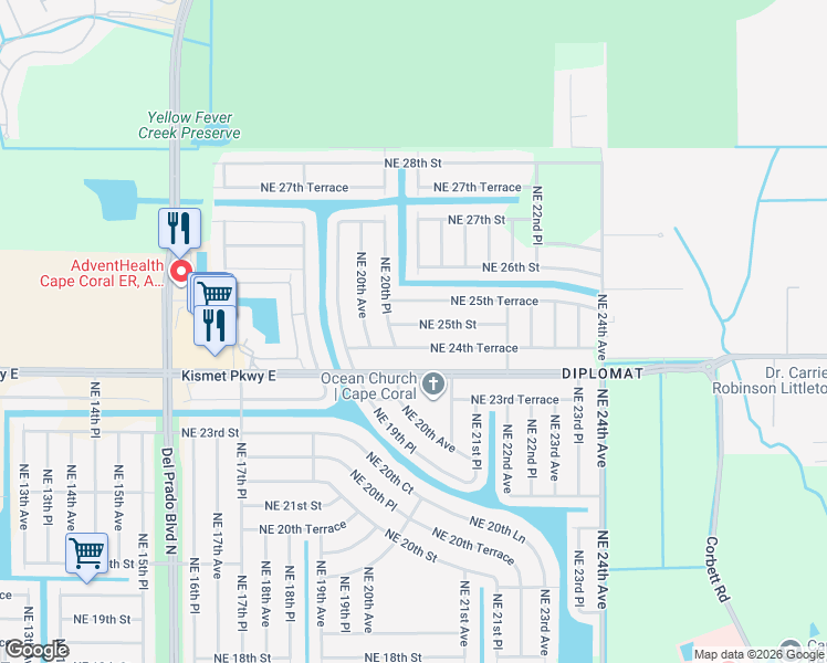 map of restaurants, bars, coffee shops, grocery stores, and more near 2014 Northeast 24th Terrace in Cape Coral