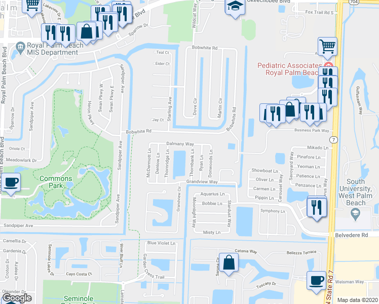 map of restaurants, bars, coffee shops, grocery stores, and more near 1455 Thornbank Lane in Royal Palm Beach
