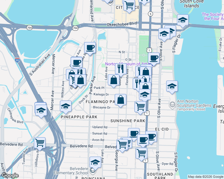 map of restaurants, bars, coffee shops, grocery stores, and more near in West Palm Beach