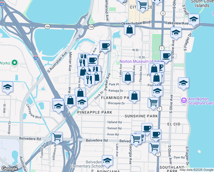map of restaurants, bars, coffee shops, grocery stores, and more near 1304 Clare Avenue in West Palm Beach