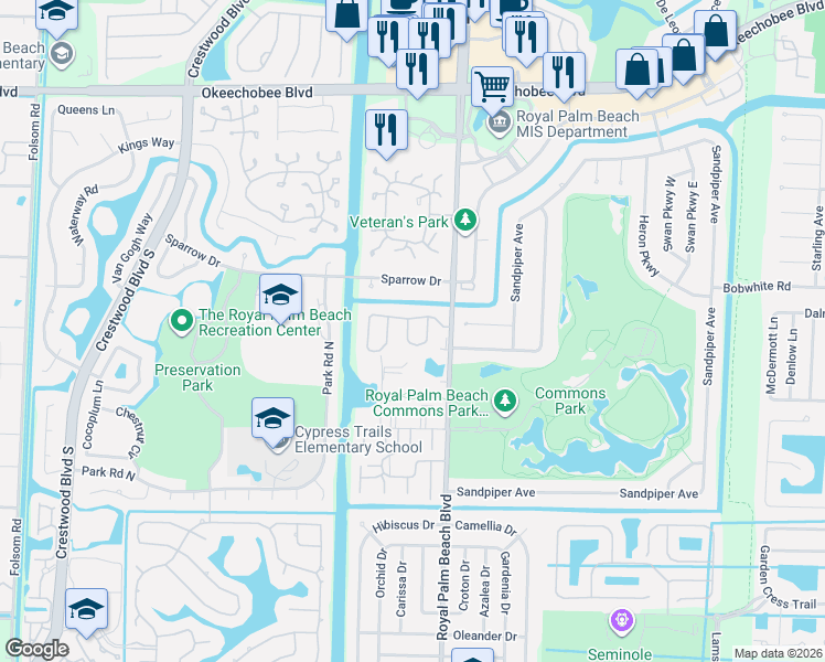 map of restaurants, bars, coffee shops, grocery stores, and more near 139 Meander Circle in Royal Palm Beach