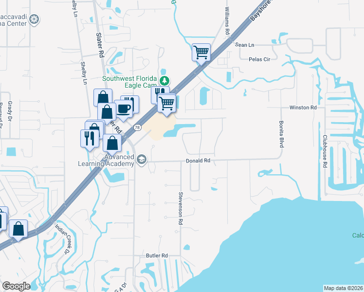map of restaurants, bars, coffee shops, grocery stores, and more near 1011 Donald Road in North Fort Myers