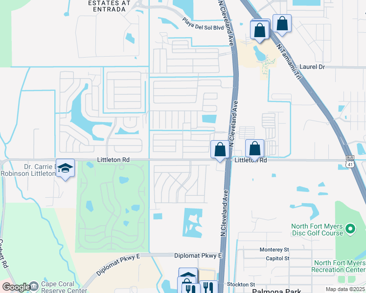 map of restaurants, bars, coffee shops, grocery stores, and more near 1 Bern Drive in North Fort Myers
