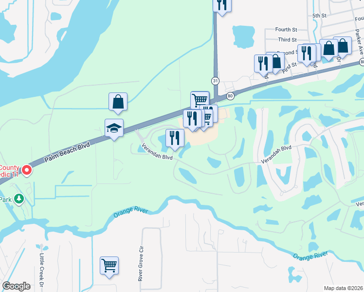 map of restaurants, bars, coffee shops, grocery stores, and more near 3220 Cottonwood Bend in Fort Myers