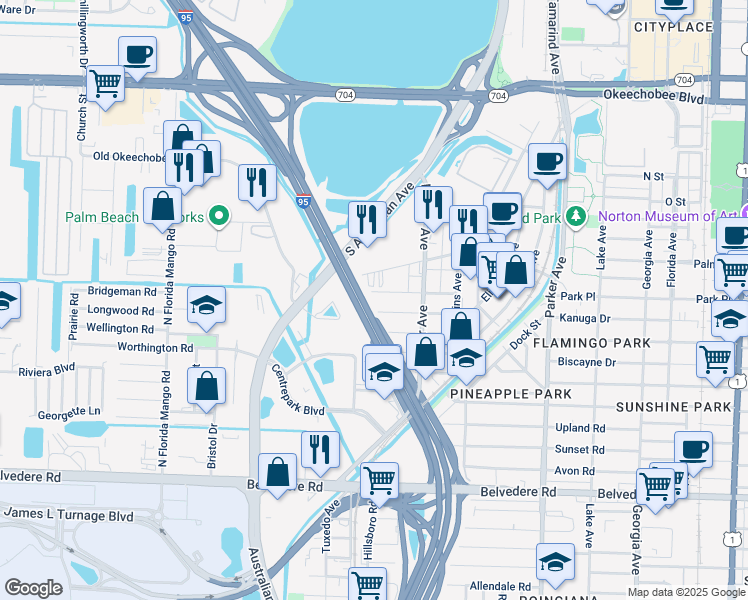 map of restaurants, bars, coffee shops, grocery stores, and more near 1626 Old Okeechobee Road in West Palm Beach