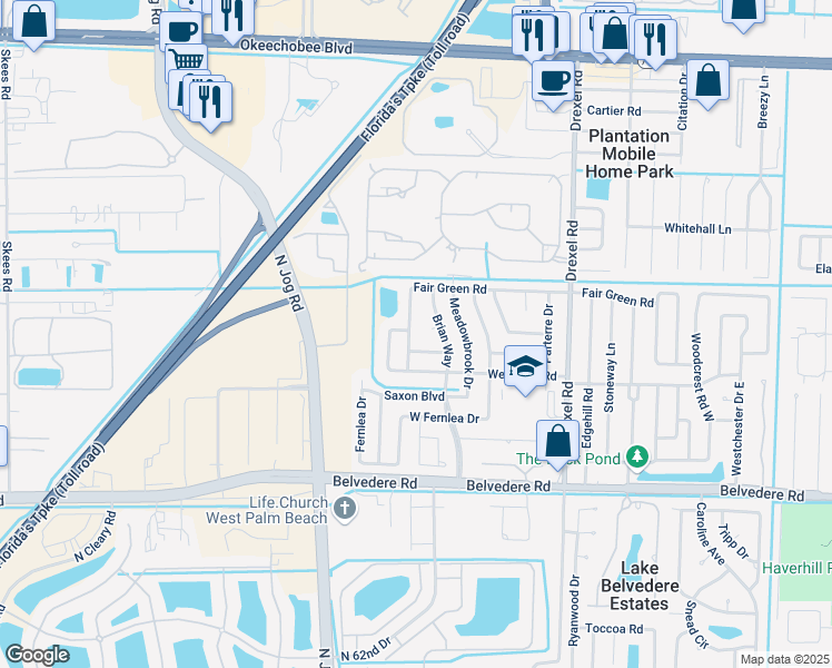 map of restaurants, bars, coffee shops, grocery stores, and more near 1414 Fair Green Road in West Palm Beach