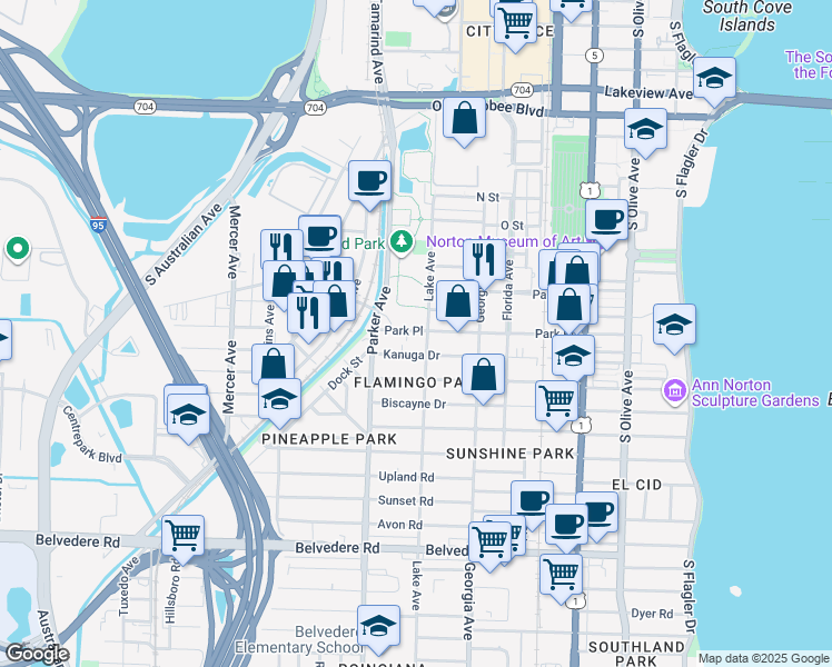 map of restaurants, bars, coffee shops, grocery stores, and more near 811 Park Place in West Palm Beach