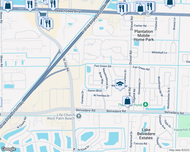 map of restaurants, bars, coffee shops, grocery stores, and more near 1414 Fair Green Road in West Palm Beach