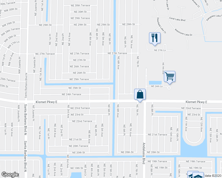 map of restaurants, bars, coffee shops, grocery stores, and more near 2425 Northeast 5th Place in Cape Coral