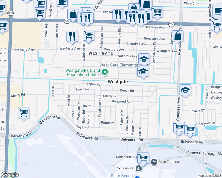 map of restaurants, bars, coffee shops, grocery stores, and more near 617 Beech Road in West Palm Beach