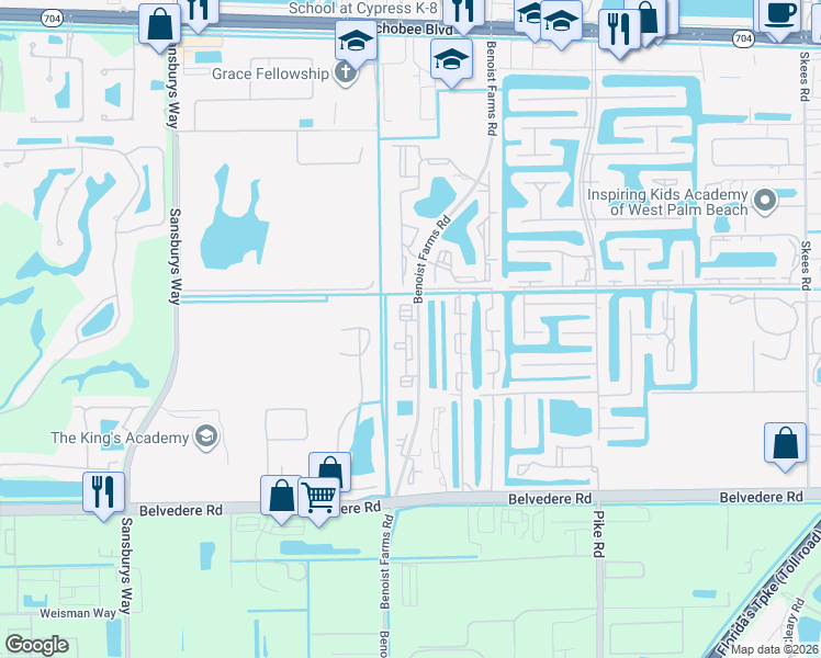 map of restaurants, bars, coffee shops, grocery stores, and more near 1239 Benoist Farms Road in Royal Palm Beach