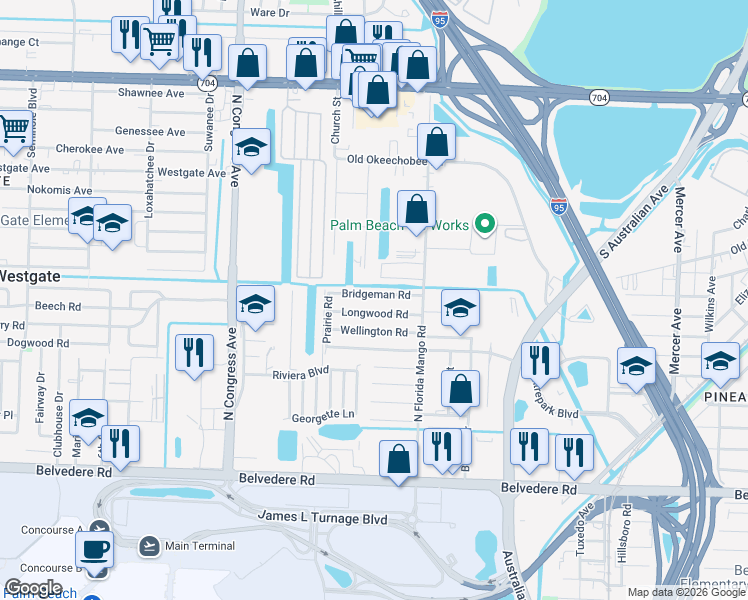 map of restaurants, bars, coffee shops, grocery stores, and more near 1544 Donna Road in West Palm Beach