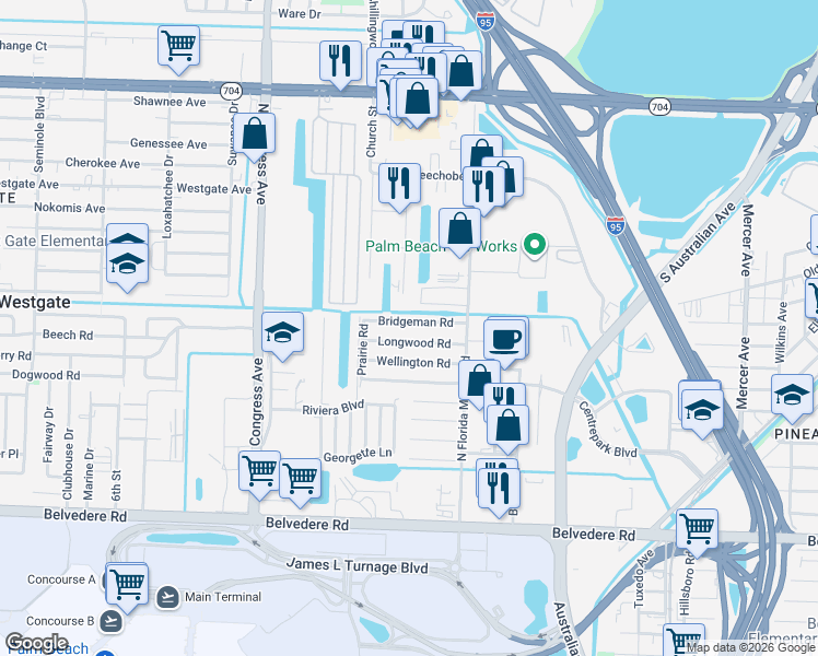 map of restaurants, bars, coffee shops, grocery stores, and more near 1544 Donna Road in West Palm Beach