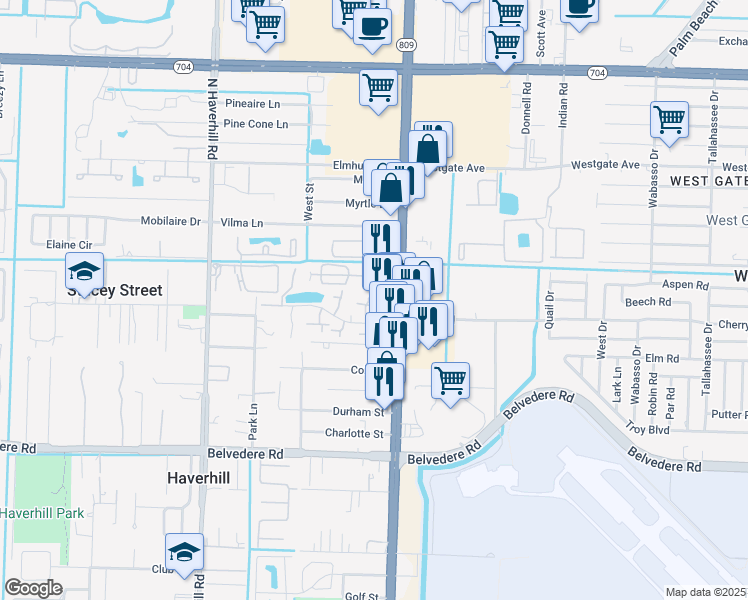 map of restaurants, bars, coffee shops, grocery stores, and more near 1451 North Military Trail in West Palm Beach
