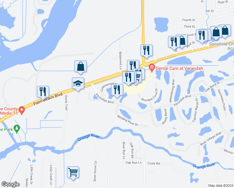 map of restaurants, bars, coffee shops, grocery stores, and more near 3181 Cottonwood Bend in Fort Myers