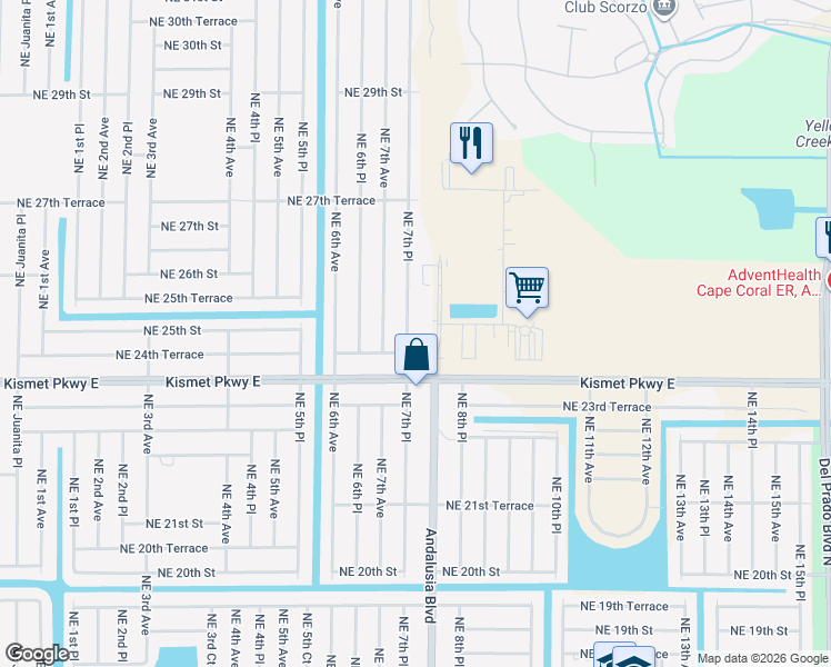 map of restaurants, bars, coffee shops, grocery stores, and more near 2508 Andalusia Boulevard in Cape Coral