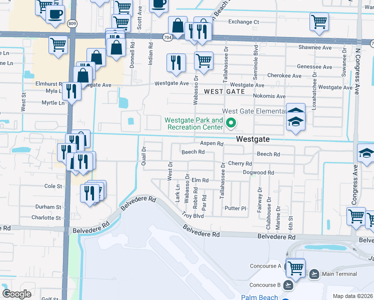 map of restaurants, bars, coffee shops, grocery stores, and more near 820 Aspen Road in West Palm Beach