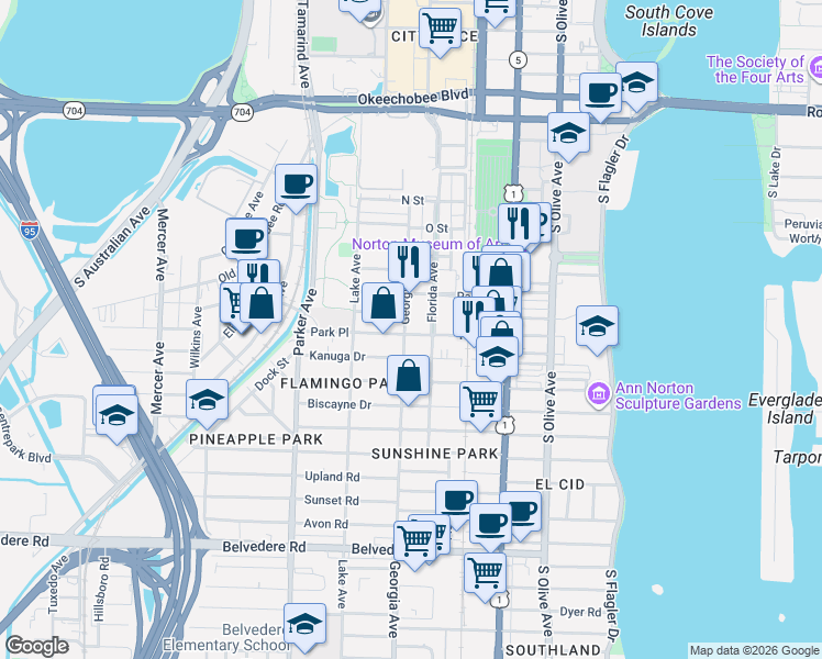 map of restaurants, bars, coffee shops, grocery stores, and more near 626 Palm Street in West Palm Beach