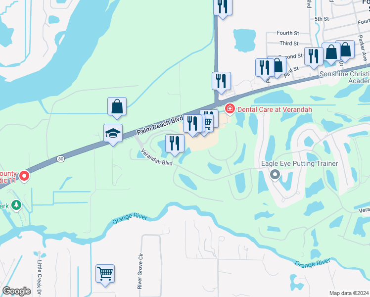 map of restaurants, bars, coffee shops, grocery stores, and more near 3181 Cottonwood Bend in Fort Myers