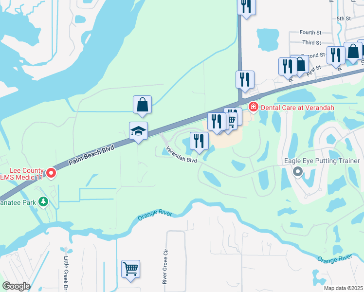 map of restaurants, bars, coffee shops, grocery stores, and more near 3111 Cottonwood Bend in Fort Myers