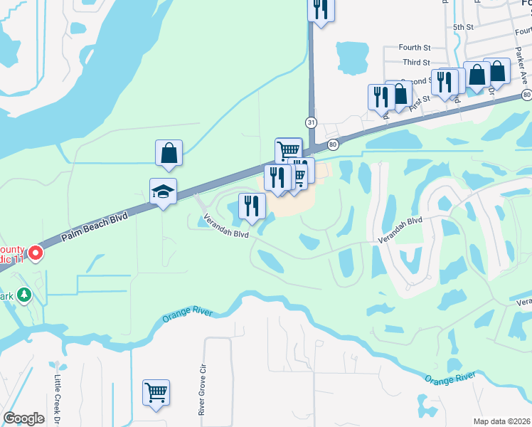 map of restaurants, bars, coffee shops, grocery stores, and more near 3181 Cottonwood Bend in Fort Myers