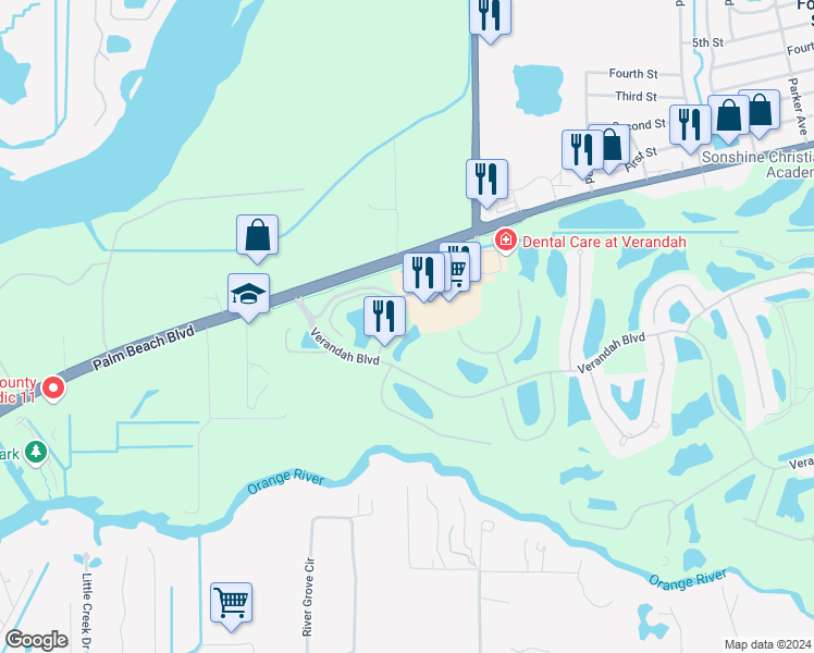 map of restaurants, bars, coffee shops, grocery stores, and more near 3210 Cottonwood Bend in Fort Myers