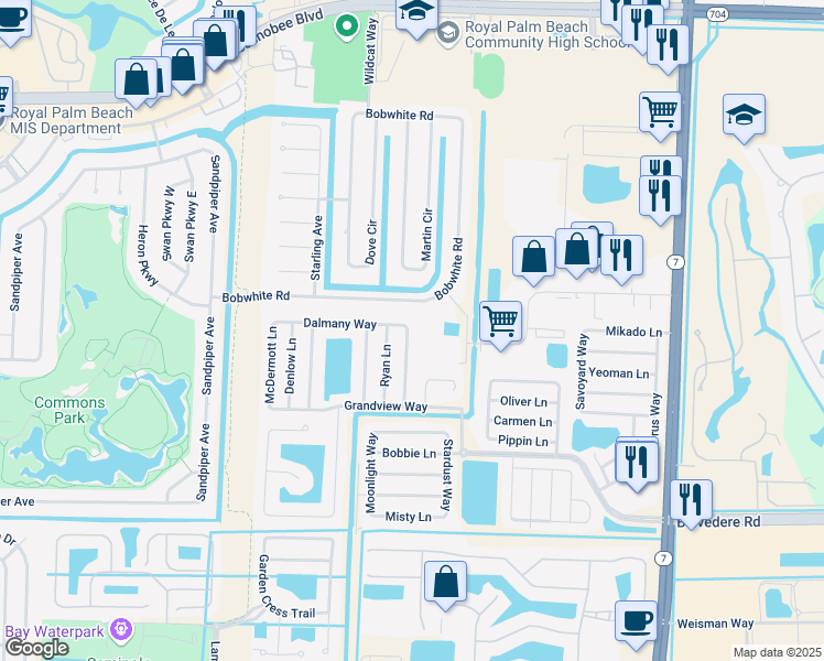 map of restaurants, bars, coffee shops, grocery stores, and more near 1472 Donwoods Lane in Royal Palm Beach