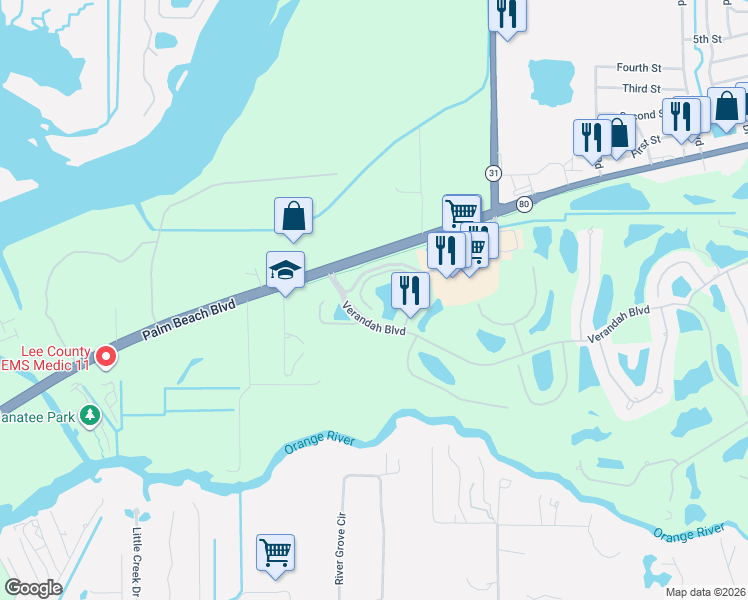 map of restaurants, bars, coffee shops, grocery stores, and more near 3111 Cottonwood Bend in Fort Myers