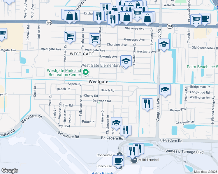 map of restaurants, bars, coffee shops, grocery stores, and more near 540 Aspen Road in West Palm Beach