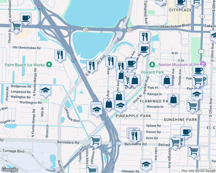 map of restaurants, bars, coffee shops, grocery stores, and more near 1215 Alpha Street in West Palm Beach