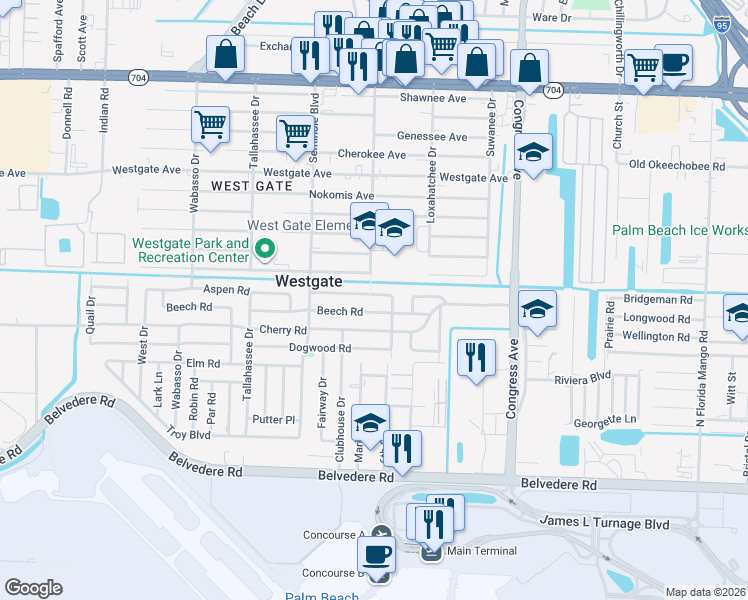 map of restaurants, bars, coffee shops, grocery stores, and more near 509 Aspen Road in West Palm Beach